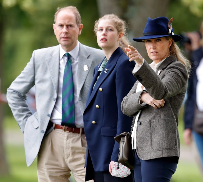 WINDSOR, UNITED KINGDOM - JULY 03: (EMBARGOED FOR PUBLICATION IN UK NEWSPAPERS UNTIL 24 HOURS AFTER CREATE DATE AND TIME) Prince Edward, Earl of Wessex, Lady Louise Windsor and Sophie, Countess of Wessex watch the carriage driving marathon event as they attend day 3 of the Royal Windsor Horse Show in Home Park, Windsor Castle on July 3, 2021 in Windsor, England. (Photo by Max Mumby/Indigo/Getty Images)