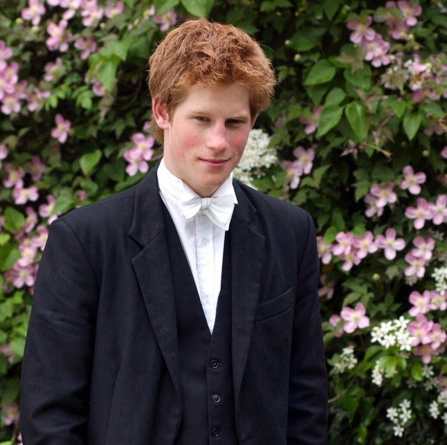 Prince Harry, the younger son of the Prince of Wales, who finishes his studies at Eton College later this month, poses 12 May 2003 wearing his School Dress, which consists of a black tailcoat, a waistcoat and a pin-striped trouser. He has "stick-ups" (i.e. wing collars and a bow tie) because he is House Captain of Games. AFP/POOL PHOTO KIRSTY WIGGLESWORTH (Photo credit should read KIRSTY WIGGLESWORTH/AFP via Getty Images)