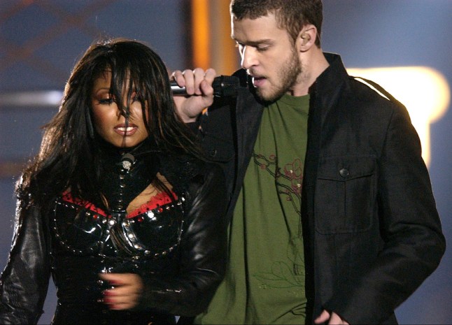 FILE - Justin Timberlake, right, and Janet Jackson perform during the half time show at Super Bowl XXXVIII in Houston, on Feb. 1, 2004. (AP Photo/David Phillip, File)