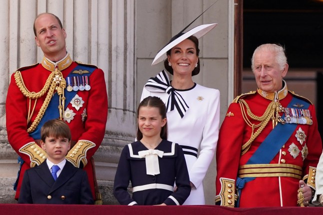 Britain's King Charles III, right, is joined by Prince William, Prince Louis, Princess Charlotte and Kate Princess of Wales on the Balcony at Buckingham Palace after attending the Trooping the Color ceremony, in London, Saturday, June 15, 2024. (AP Photo/Alberto Pezzali)