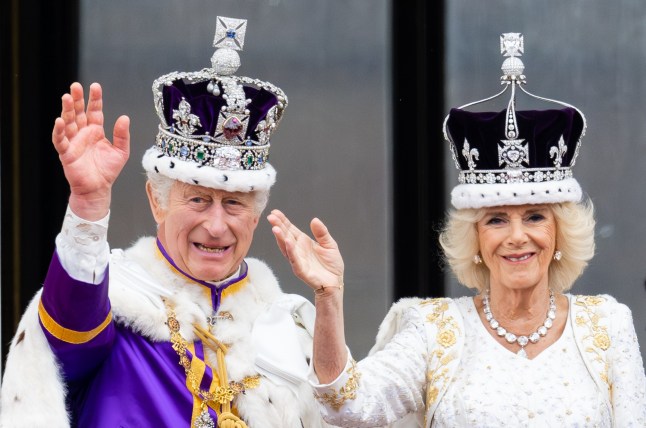 LONDON, ENGLAND - MAY 06: King Charles III and Queen Camilla appear on the balcony of Buckingham Palace following the Coronation of King Charles III and Queen Camilla on May 06, 2023 in London, England. The Coronation of Charles III and his wife, Camilla, as King and Queen of the United Kingdom of Great Britain and Northern Ireland, and the other Commonwealth realms takes place at Westminster Abbey today. Charles acceded to the throne on 8 September 2022, upon the death of his mother, Elizabeth II. (Photo by Samir Hussein/WireImage)