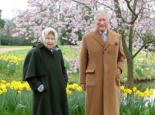 WINDSOR, ENGLAND - MARCH 23: (EDITORIAL USE ONLY) In this image released on April 2, 2021, Queen Elizabeth II and Prince Charles, Prince of Wales pose for a portrait in the garden of Frogmore House, on March 23, 2021 in Windsor, England. (Photo by Chris Jackson/Getty Images For Buckingham Palace)