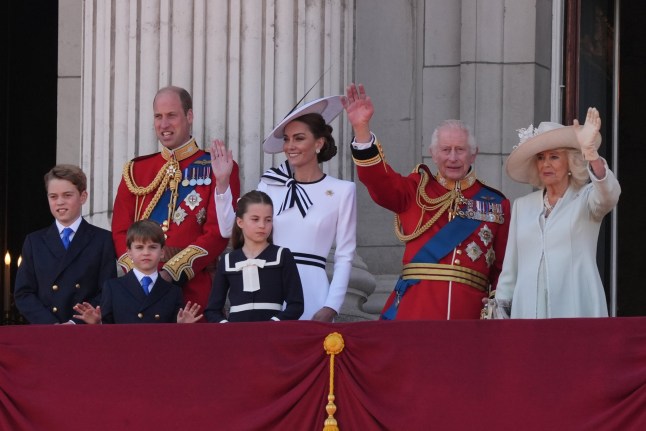 The Prince and Princess of Wales with their children, Prince George, Prince Louis, and Princess Charlotte, and King Charles III and Queen Camilla, on the balcony of Buckingham Palace, London, following the Trooping the Colour ceremony in central London, as King Charles celebrates his official birthday. Picture date: Saturday June 15, 2024. PA Photo. See PA story ROYAL Trooping. Photo credit should read: Gareth Fuller/PA Wire