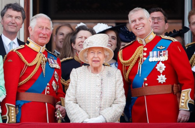 LONDON, UNITED KINGDOM - JUNE 08: (EMBARGOED FOR PUBLICATION IN UK NEWSPAPERS UNTIL 24 HOURS AFTER CREATE DATE AND TIME) Prince Charles, Prince of Wales, Queen Elizabeth II and Prince Andrew, Duke of York watch a flypast from the balcony of Buckingham Palace during Trooping The Colour, the Queen's annual birthday parade, on June 8, 2019 in London, England. The annual ceremony involving over 1400 guardsmen and cavalry, is believed to have first been performed during the reign of King Charles II. The parade marks the official birthday of the Sovereign, although the Queen's actual birthday is on April 21st. (Photo by Max Mumby/Indigo/Getty Images)