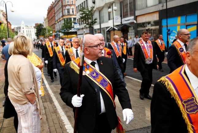 Orange Order members take part in unionist Twelfth celebrations in Belfast, Northern Ireland, July 12, 2021. REUTERS/Jason Cairnduff