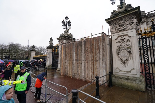 Scaffolding in place after a man was arrested after crashing his vehicle into the gates of Buckingham Palace, London. Armed officers arrested the man at the scene on suspicion of criminal damage and he was taken to hospital, the Metropolitan Police said. Scotland Yard said his car "collided with the gates" of the royal residence at 2.30am on Saturday. Picture date: Sunday March 10, 2024. PA Photo. See PA story POLICE Palace. Photo credit should read: Jordan Pettitt/PA Wire