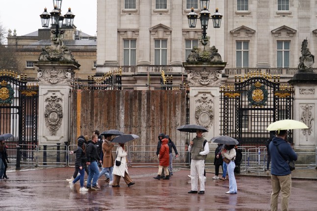 Scaffolding in place after a man was arrested after crashing his vehicle into the gates of Buckingham Palace, London. Armed officers arrested the man at the scene on suspicion of criminal damage and he was taken to hospital, the Metropolitan Police said. Scotland Yard said his car "collided with the gates" of the royal residence at 2.30am on Saturday. Picture date: Sunday March 10, 2024. PA Photo. See PA story POLICE Palace. Photo credit should read: Jordan Pettitt/PA Wire