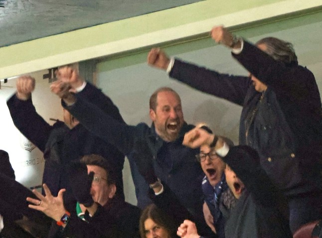 Prince William The Prince of Wales, celebrates the second Villa goal (2-0) as he watches his beloved Aston Villa at the Aston Villa v Celtic UEFA Champions League match, at Villa Park, Birmingham, UK on 29th January, 2025.