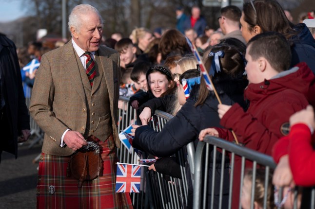 ALLOA, UNITED KINGDOM - JANUARY 16: King Charles III visits The Gate charity, a community resource that offers support, practical help, and provides a safe environment to those affected by homelessness and food insecurity, on January 16, 2025 in Alloa, Clackmannanshire, Scotland. (Photo by Jane Barlow-WPA Pool/Getty Images)