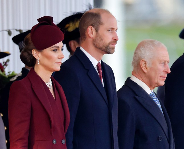 LONDON, UNITED KINGDOM - DECEMBER 03: (EMBARGOED FOR PUBLICATION IN UK NEWSPAPERS UNTIL 24 HOURS AFTER CREATE DATE AND TIME) Catherine, Princess of Wales, Prince William, Prince of Wales and King Charles III attend the Ceremonial Welcome, at Horse Guards Parade, for the The Amir of the State of Qatar on day one of his State Visit to the United Kingdom on December 3, 2024 in London, England. His Highness Sheikh Tamim bin Hamad Al Thani, Amir of the State of Qatar, accompanied by Her Highness Sheikha Jawaher bint Hamad bin Suhaim Al Thani, will hold several engagements with The Prince and Princess of Wales, The King and Queen as well as political figures. (Photo by Max Mumby/Indigo/Getty Images)