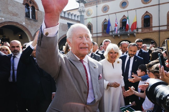 Britain's King Charles III and Queen Camilla arrive at Piazza Del Popolo during the State visit to The Republic of Italy in Ravenna, Italy, on April 10, 2025 (Photo by Alessandro Bremec/NurPhoto via Getty Images).