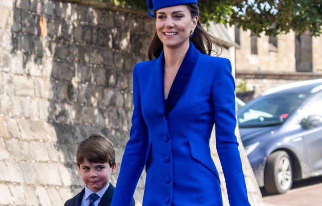 Catherine, Princess of Wales, and Prince Louis, 4, arrive to attend the Easter Sunday church service at St George's Chapel in Windsor Castle on 9 April 2023 in Windsor, United Kingdom. Easter Sunday is the focal point of the Royal Family's Easter celebrations and this will be the first without Queen Elizabeth II.