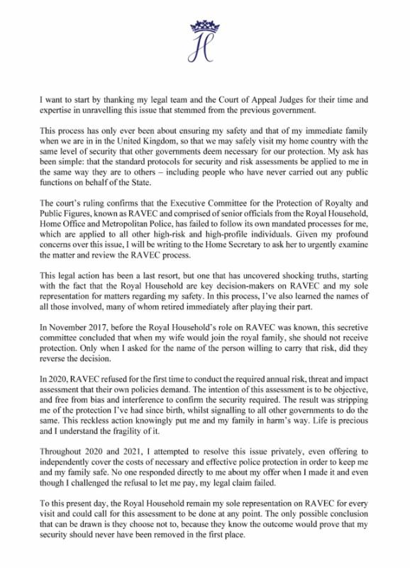prince harry statement released after he lost his court case regarding security on his UK visits